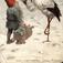 Julekort. Vintermotiv. Landskap med hus. Nisse med kurv. Stork med barn. Illustrert av Jenny Nyström. Datert 22.12.1899.