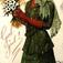 Julekort. Jule- og nyttårshilsen. Kvinne med hatt. Blomster og nek i hendene. Illustrert av Jenny Nyström (1854-1946) Stemplet 22.12.1910.