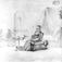 Interiør fra stue med kvinne ved garnvinne og vugge. Ukjent sted.  Blyantskisse av John Edy: Drawings  Norway, 1800. Skissealbum utlånt av Deichmanske bibliotek.