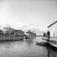Langesund, Bamble, mai 1955. Havna med robåt og ferge.